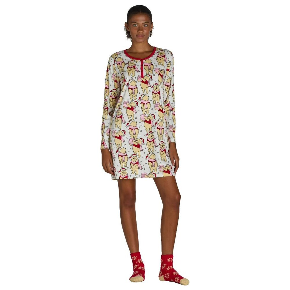 Disney Winne The Pooh Womens Christmas Henley Sleepshirt & Plush Socks Set Small